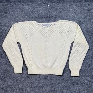 Cuddle Knit Vintage Cream Pointelle Cable Knit Scalloped Neck Sweater Womens L